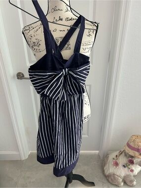 Navy and White Stripe Mini Dress with Front Bow